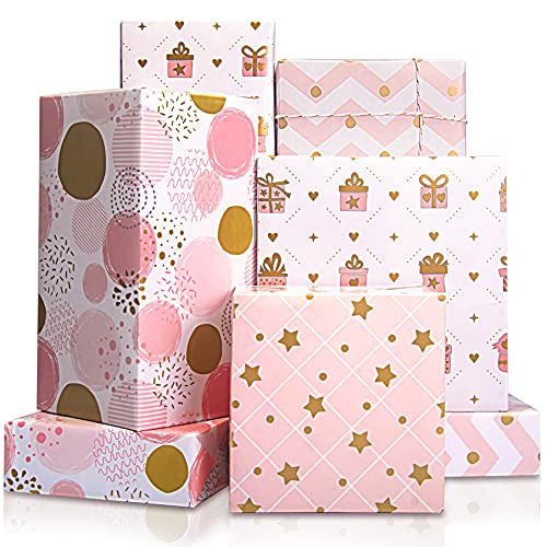 Larcenciel Wrapping Paper for Girl, Metallic Gold Foil Wrapping Paper, Pink Gift Wrap for Birthday, Valentines Day, Christmas, Wedding, Baby Shower,4 Sheets 27.5x19.6inch - Image 1