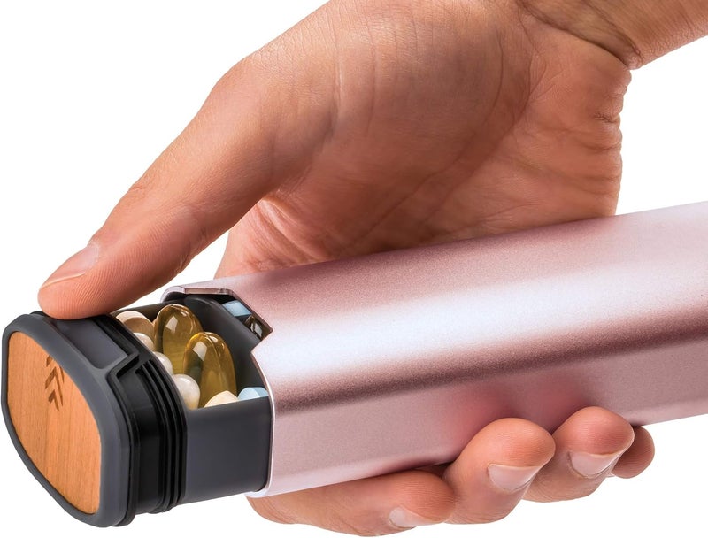 HIGHERHUMAN منظم حبوب أسبوعي 7 أيام من من mbarc - علبة حبوب أنيقة فاخرة من الألومنيوم والخشب بسعة كبيرة للمكملات الغذائية والحبوب والفيتامينات والأدوية. - Image 3