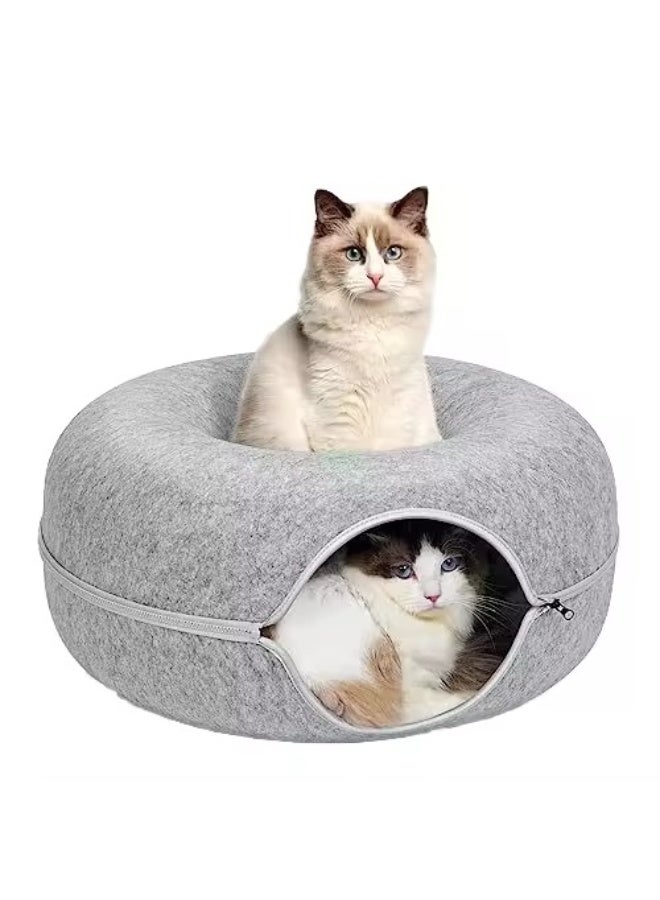 Arnoub 2-in-1 Cat Bed & Cave House – Cozy Donut Cat Bed with Hidden Tunnel, Washable, Spacious Indoor Pet House for Cats & Kittens, Soft Felt Material – Grey - Image 1