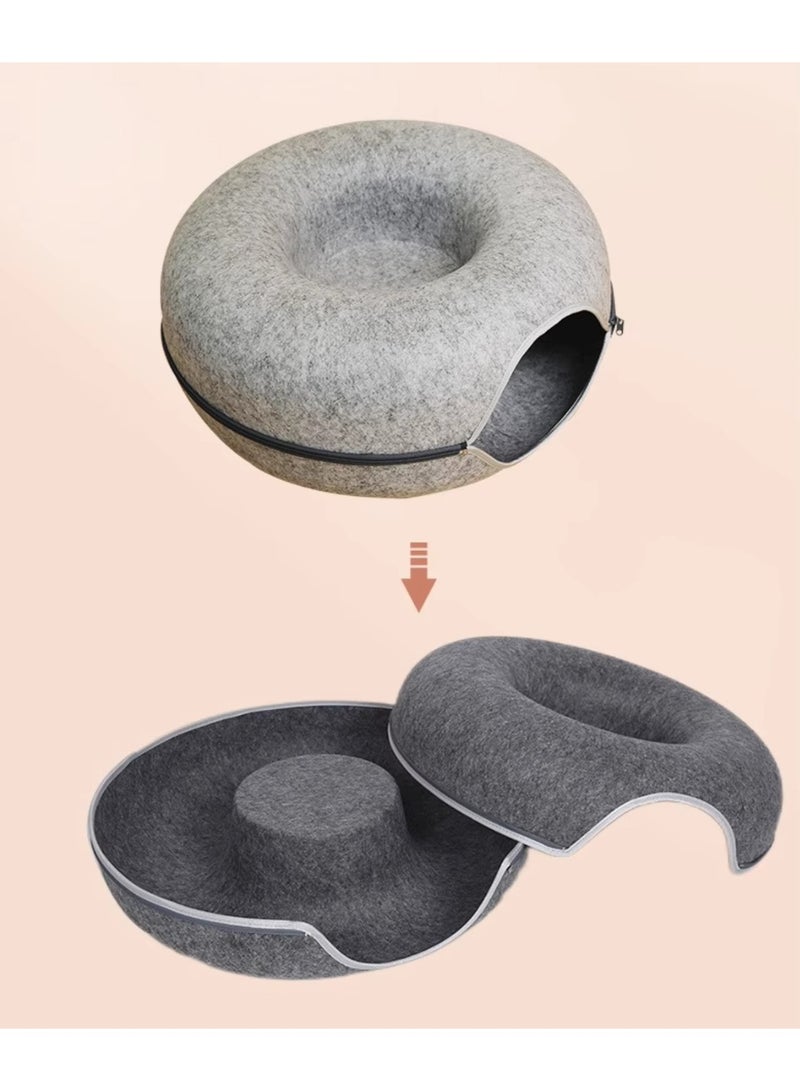 Arnoub 2-in-1 Cat Bed & Cave House – Cozy Donut Cat Bed with Hidden Tunnel, Washable, Spacious Indoor Pet House for Cats & Kittens, Soft Felt Material – Grey - Image 4