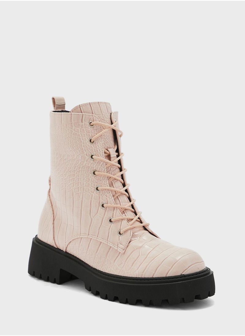 Ginger - Croco Lace Up Angle Boots - Image 1