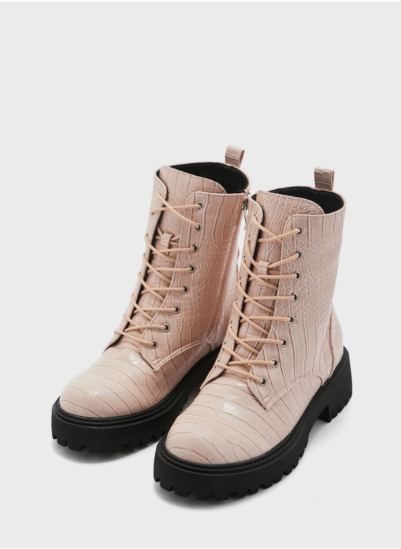 Ginger - Croco Lace Up Angle Boots - Image 1