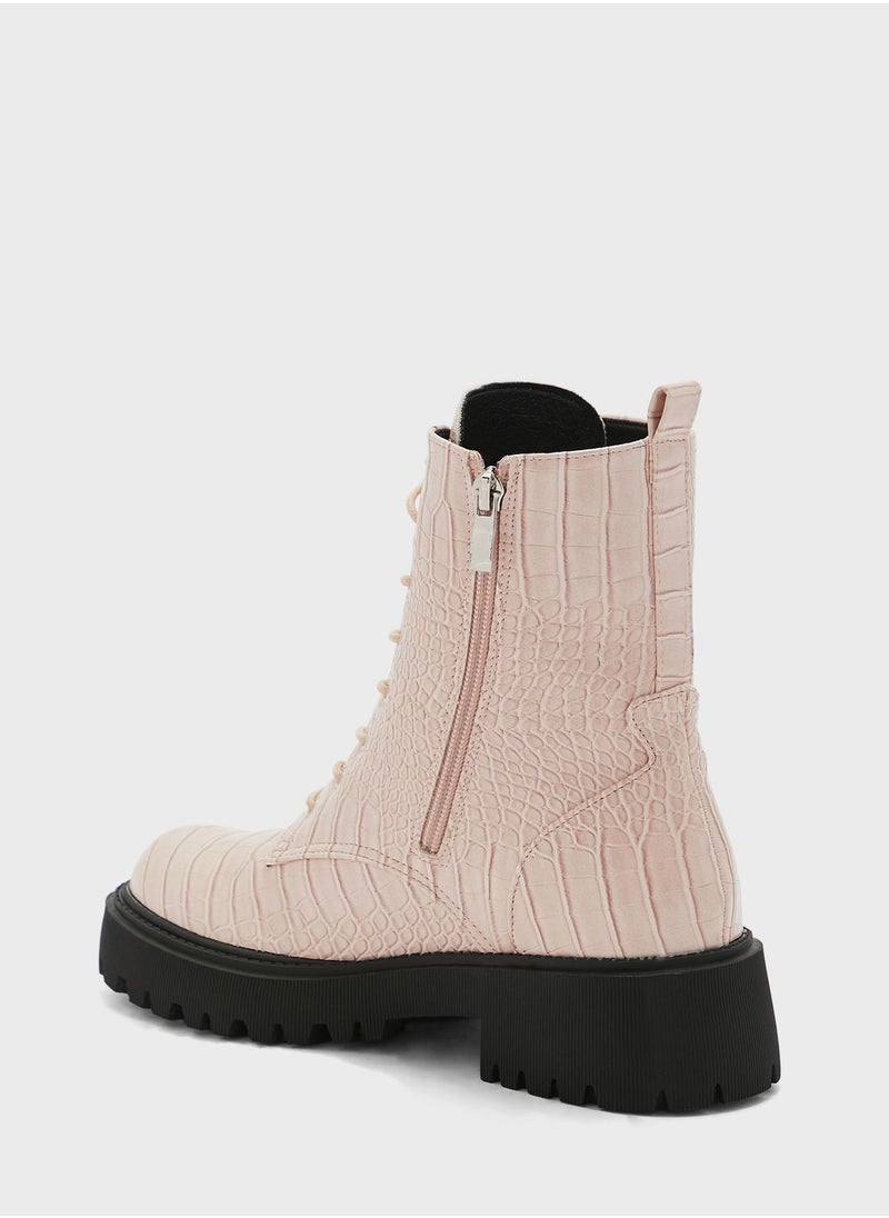 Ginger - Croco Lace Up Angle Boots - Image 1