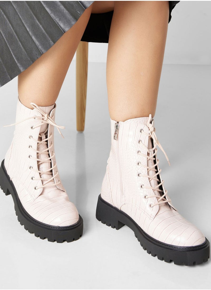 Ginger - Croco Lace Up Angle Boots - Image 1
