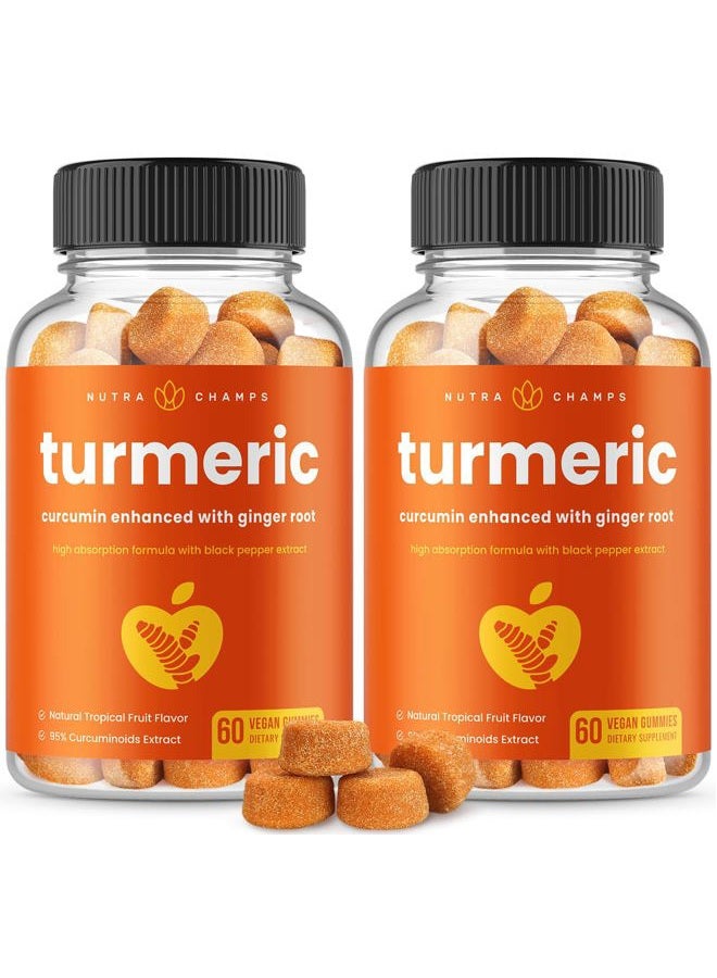 NutraChamps Turmeric Gummies for Adults & Kids with Ginger & Black Pepper Extract | 95% Curcuminoids | Vegan Natural Curcumin Joint Support | 120 Tumeric Gummy Supplements (2-Pack of 60) - Image 1