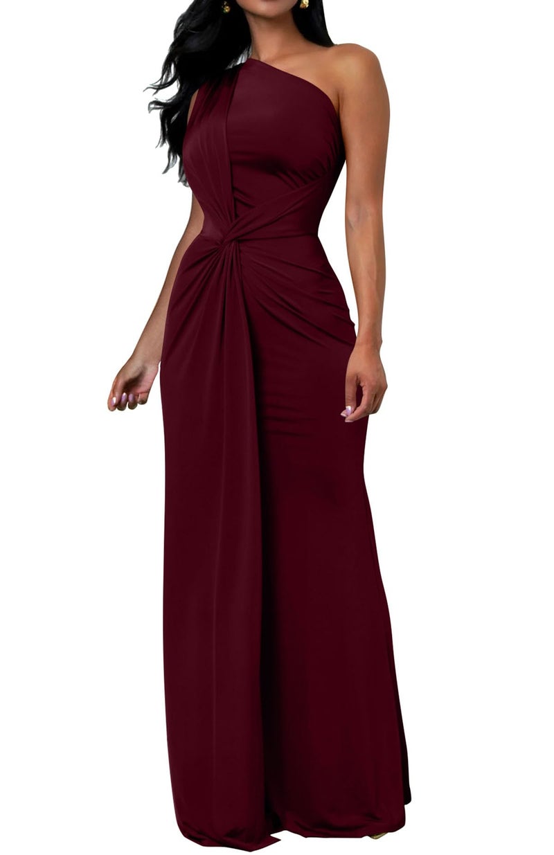 Memoriesea Women's Elegant Sleeveless One Shoulder Bodycon Evening Cocktail Maxi Dress Burgundy - Image 1