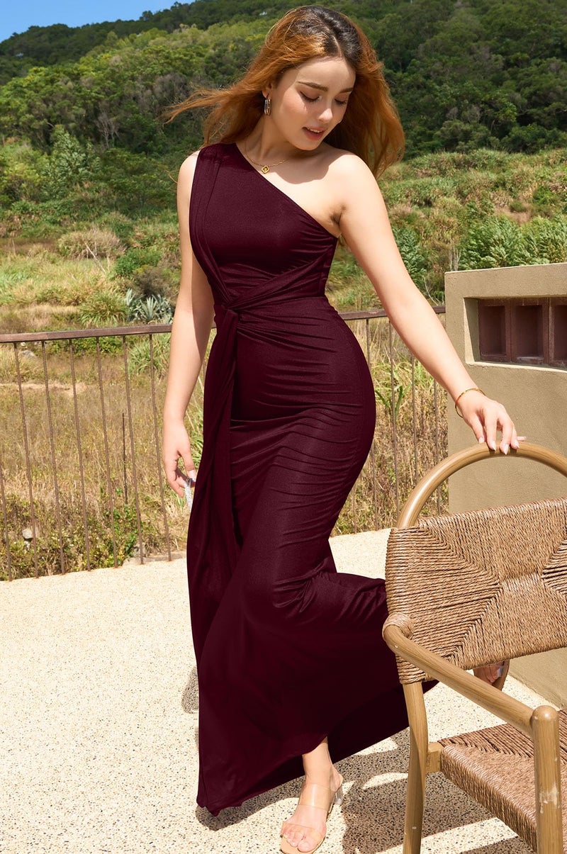 Memoriesea Women's Elegant Sleeveless One Shoulder Bodycon Evening Cocktail Maxi Dress Burgundy - Image 3