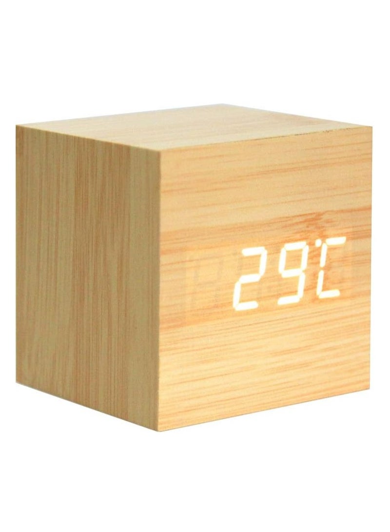 إيفرين ساعة منبه LED رقمية مربعة الشكل من الخشب ريترو توهج ساعة سطح المكتب ديكور للطاولات التحكم الصوتي وظيفة الغفوة ساعة مكتب (خشب الخيزران) - Image 1