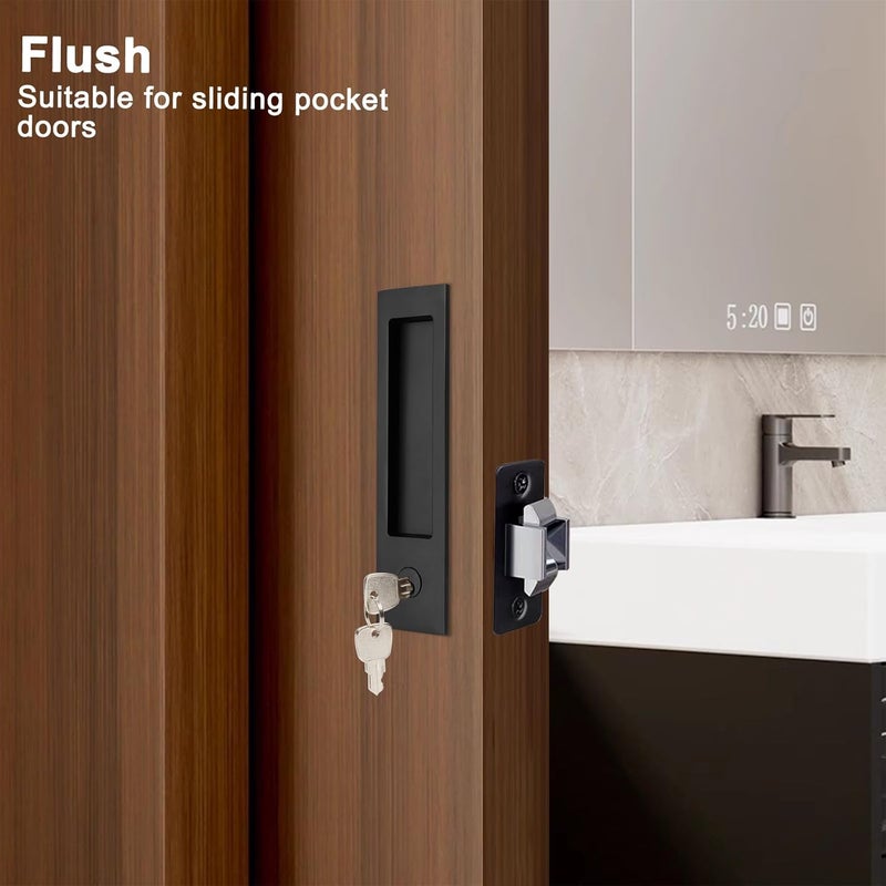 Dontay Pocket Door Handle, Modern Rectangular Keyed Entry Function, (Bed/Bath) Pull Latch, Recessed Sliding Door Hardware for 1 3/8” to 2 3/16” Thickness (Keyed Entry Lock, Matte Black, 1 Pack) - Image 4