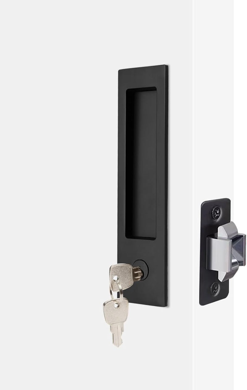Dontay Pocket Door Handle, Modern Rectangular Keyed Entry Function, (Bed/Bath) Pull Latch, Recessed Sliding Door Hardware for 1 3/8” to 2 3/16” Thickness (Keyed Entry Lock, Matte Black, 1 Pack) - Image 1