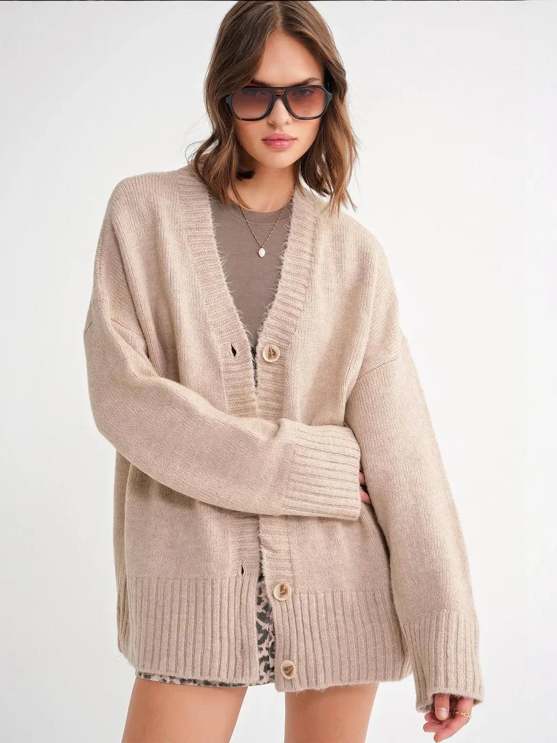 MixRay Mixray Buttoned V-Neck Ribbed Knit Cardigan