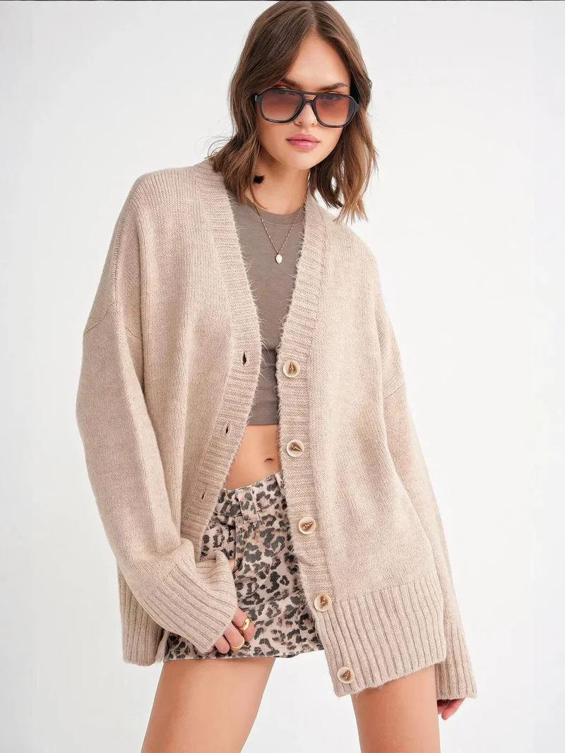 MixRay Mixray Buttoned V-Neck Ribbed Knit Cardigan
