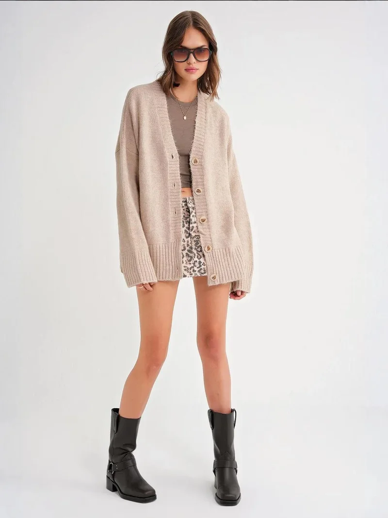 Mixray Beige Natural Mixray Buttoned V-Neck Ribbed Knit Cardigan for Women | Best Price UAE