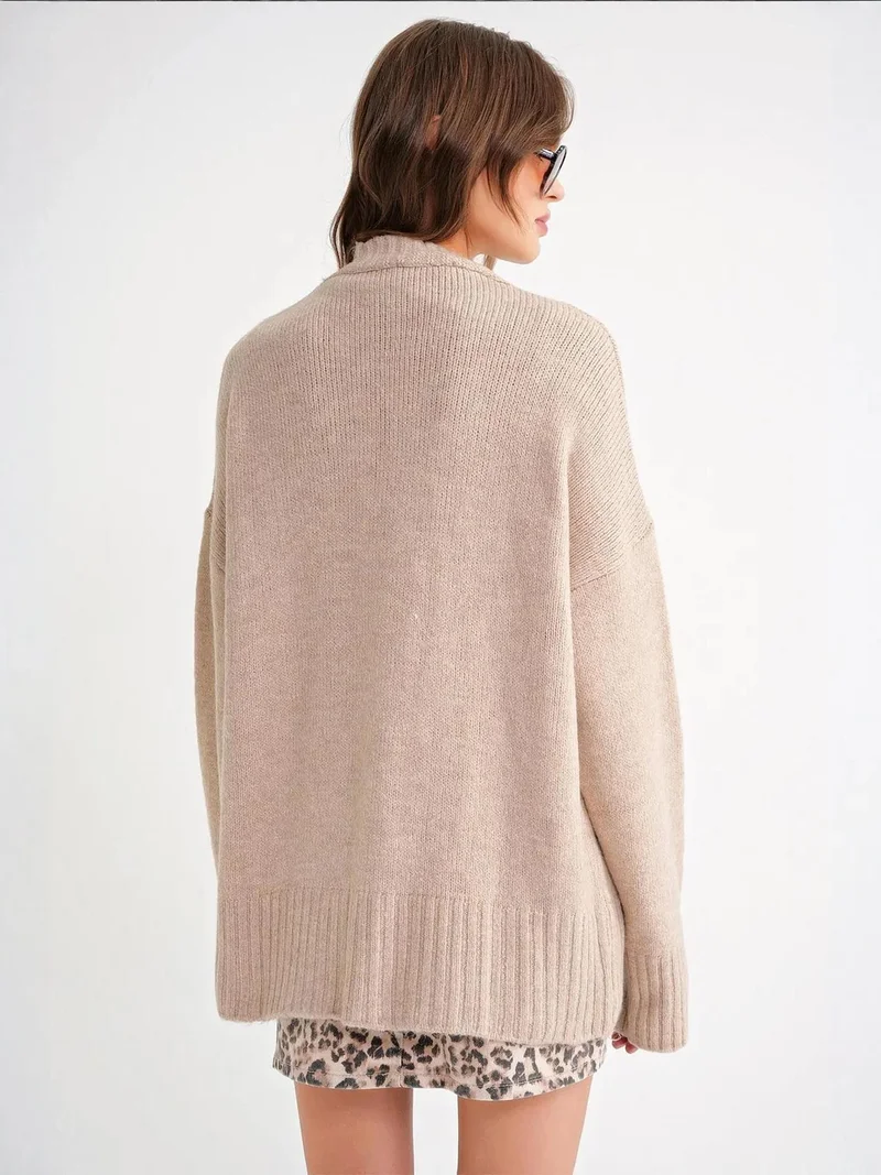 Mixray Beige Natural Mixray Buttoned V-Neck Ribbed Knit Cardigan for Women | Best Price UAE