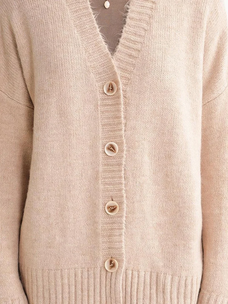 Mixray Beige Natural Mixray Buttoned V-Neck Ribbed Knit Cardigan for Women | Best Price UAE