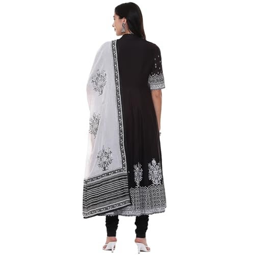 Biba Cotton Women Printed Anarkali Salwar Kurta Dupatta(Skdassorted5919E_Black_32) - Image 4