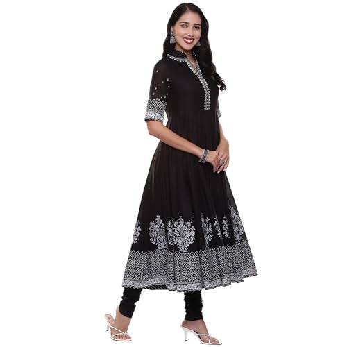 Biba Cotton Women Printed Anarkali Salwar Kurta Dupatta(Skdassorted5919E_Black_32) - Image 3
