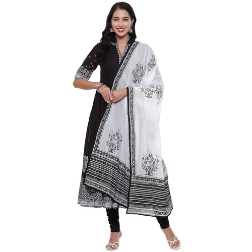 Biba Cotton Women Printed Anarkali Salwar Kurta Dupatta(Skdassorted5919E_Black_32) - Image 1