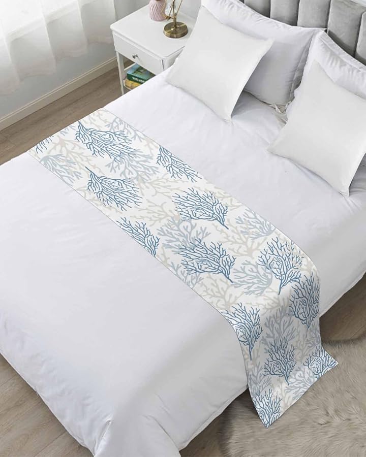 Blue Grey Coral Coastal Bed Runner For King Bed 94x20 Inches Nautical Decorative Throw - Image 1