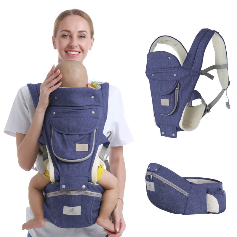Ocanoiy Baby Hip Seat Carrier - Ergonomic Infant Waist Stool with Hip Seat - Kangaroo Bag Front and Back Holder 3-36 Months (Dark Blue) - Image 3