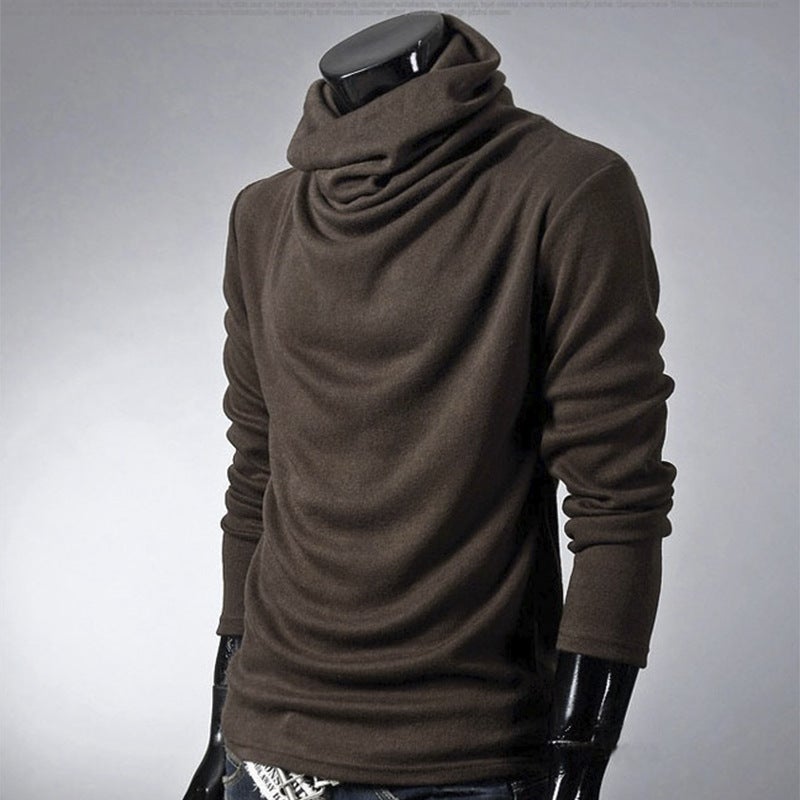 Handsome Solid Color Pile Collar Long-Sleeved T-Shirt Men'S Hong Kong Style Hair Stylist Personality Leisure Inner High Collar T-Shirt Base Shirt - Image 1