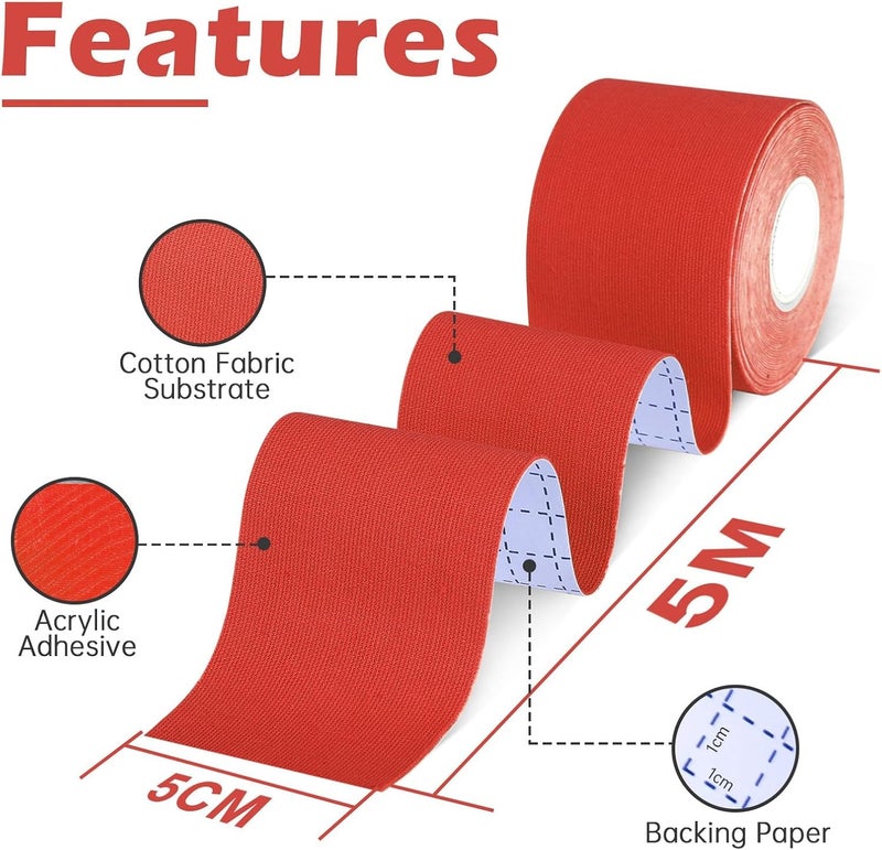 D-Fix شريط كينيسيو (5 م × 5 سم) خالي من اللاتكس وقابل للتنفس لشريط رياضي للإصابات، دعم العضلات، تخفيف الألم، دعم المفاصل والعلاج الطبيعي - أحمر - Image 3