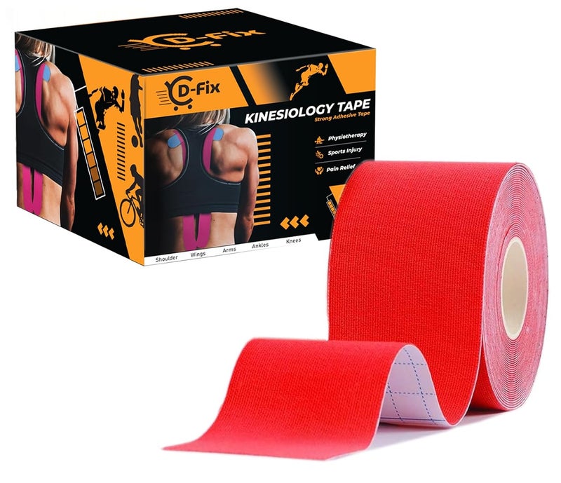 D-Fix شريط كينيسيو (5 م × 5 سم) خالي من اللاتكس وقابل للتنفس لشريط رياضي للإصابات، دعم العضلات، تخفيف الألم، دعم المفاصل والعلاج الطبيعي - أحمر - Image 1