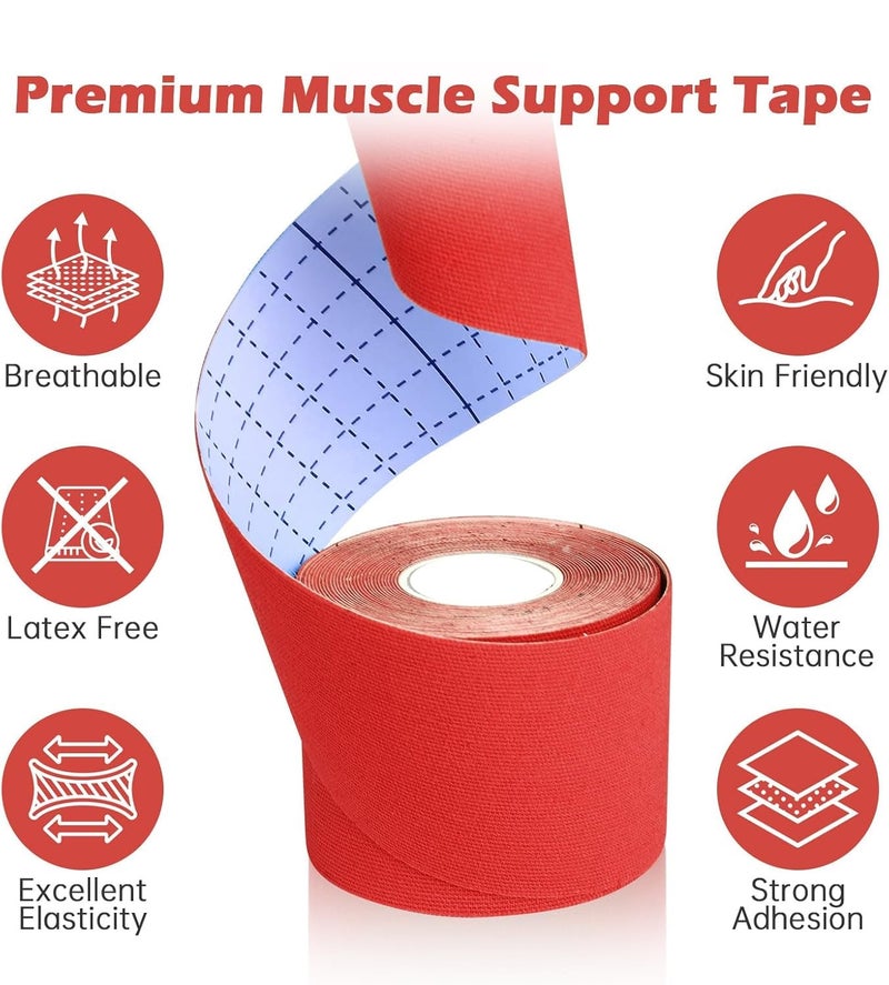 D-Fix شريط كينيسيو (5 م × 5 سم) خالي من اللاتكس وقابل للتنفس لشريط رياضي للإصابات، دعم العضلات، تخفيف الألم، دعم المفاصل والعلاج الطبيعي - أحمر - Image 2