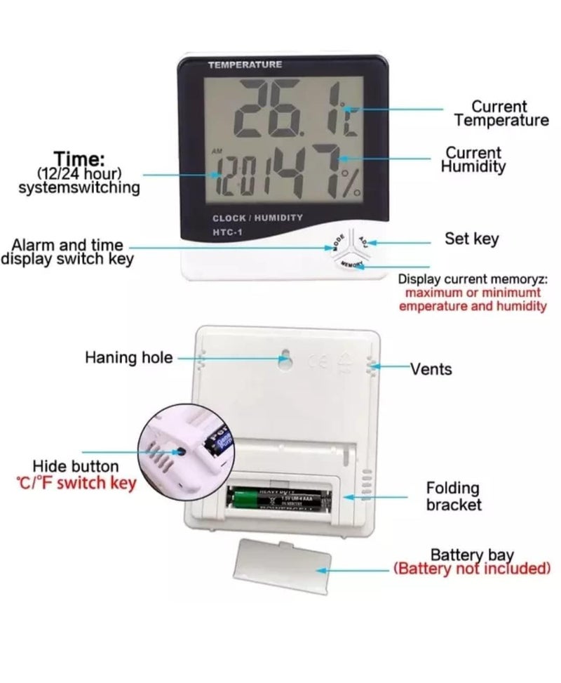 Dr. Care HTC-1 Room Thermometer with Humidity Incubator Meter and Accurate Temperature Indicator Wall Mounting LCD Digital Clock Monitor for Indoor/Outdoor (White) - Image 3