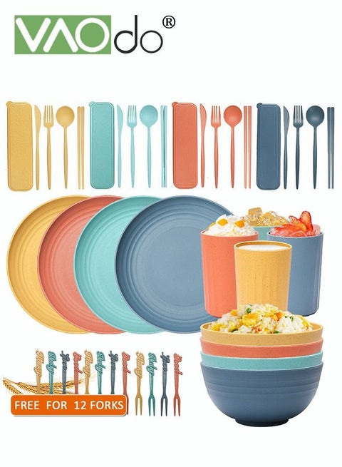 44PCS Dinner Set Wheat Straw Material Cutlery for 4 People With Portable Tableware Microwave Oven Cutlery Set Complimentary 12PCS Fruit Fork Color Mixing