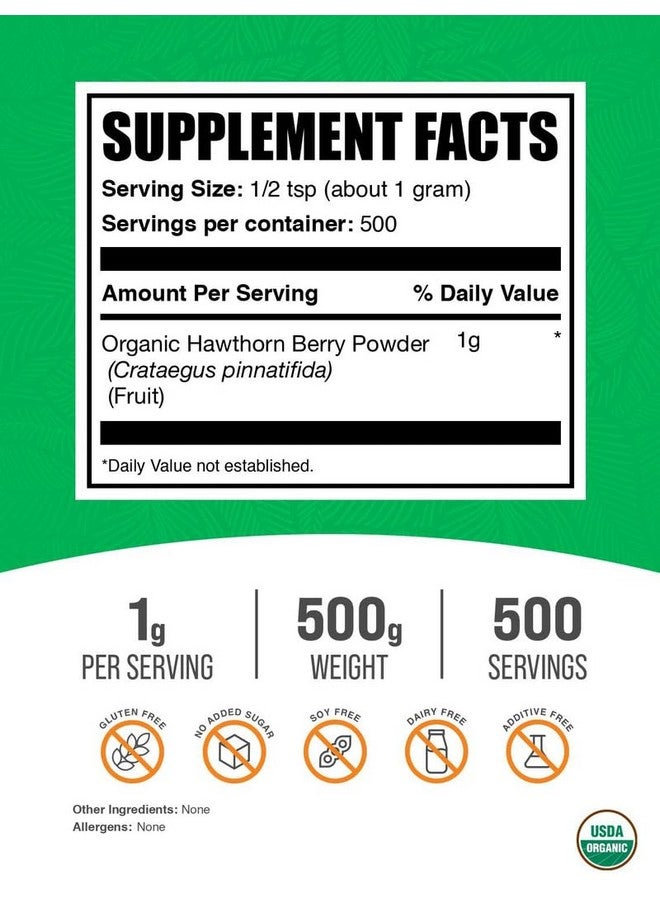 BulkSupplements.com Organic Hawthorn Berry Powder - Hawthorn Berry Supplement, Hawthorn Berry Organic - Vegan & Gluten Free, 1g per Serving, 500g (1.1 lbs) (Pack of 1) - Image 2