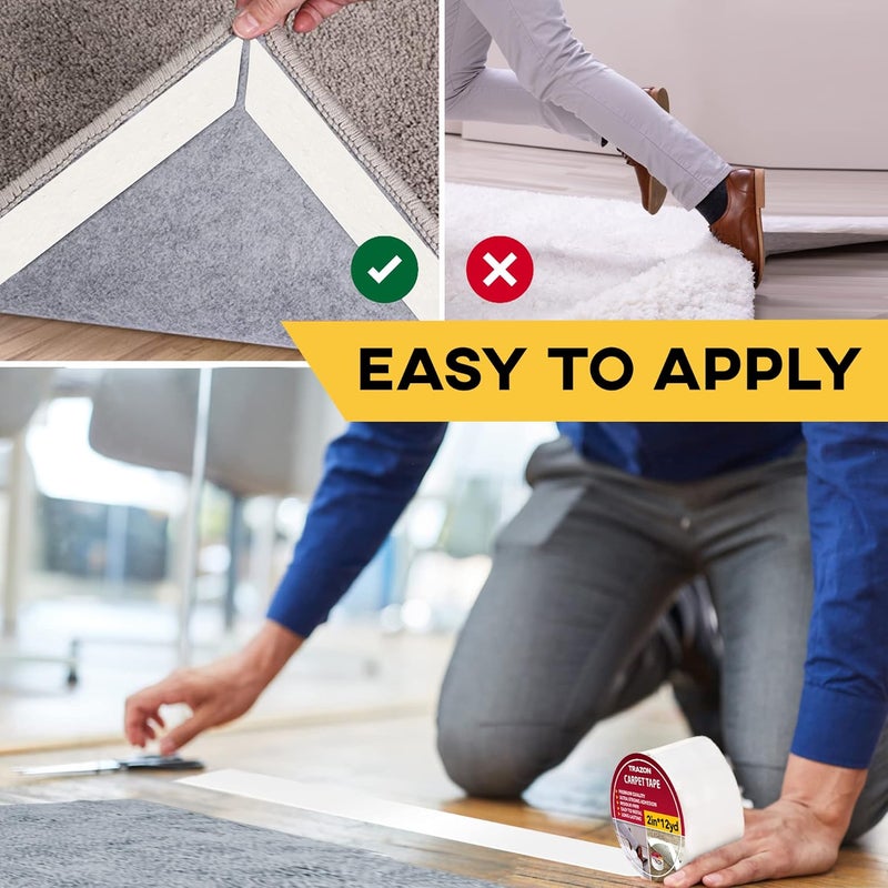 Trazon Carpet Tape Double Sided - Rug Tape Grippers for Hardwood Floors and Area Rugs - Carpet Binding Tape Strong Adhesive and Removable, Heavy Duty Stickers Grip Tape, Residue Free (2 Inch / 12 Yards) - Image 3