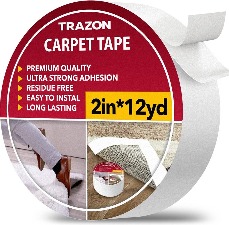 Trazon Carpet Tape Double Sided - Rug Tape Grippers for Hardwood Floors and Area Rugs - Carpet Binding Tape Strong Adhesive and Removable, Heavy Duty Stickers Grip Tape, Residue Free (2 Inch / 12 Yards) - Image 1