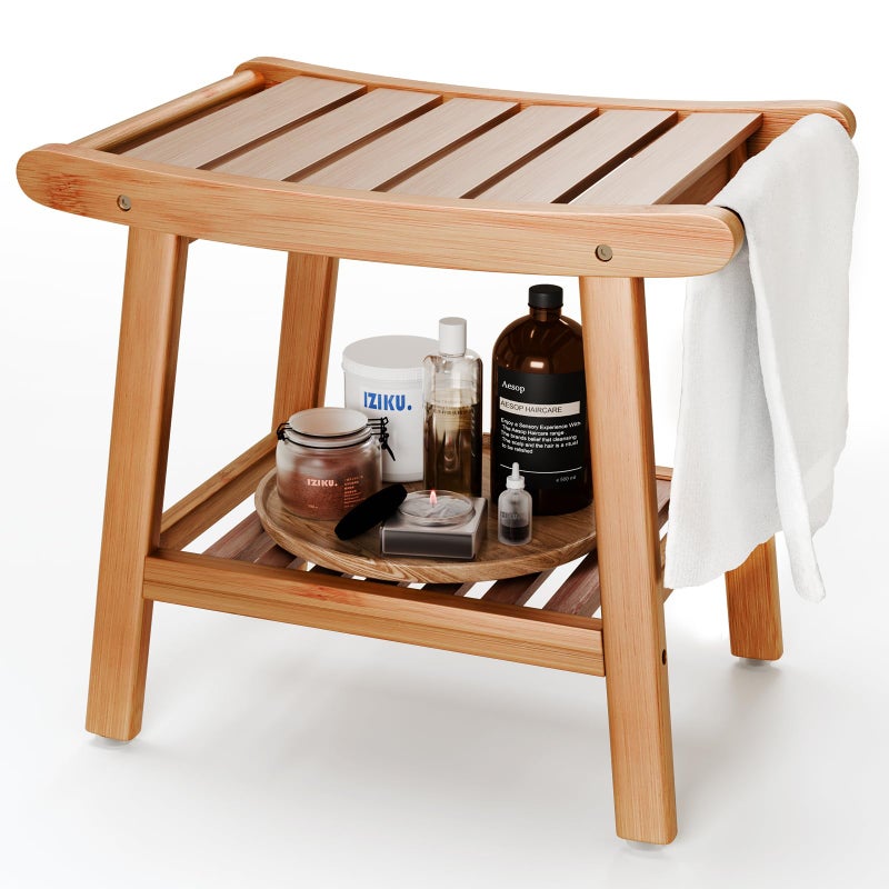 LEJANEOYE Bamboo Shower Bench for Inside Shower to Sit on,Waterproof Shower Stool for Shaving Legs,Spa Bathroom Shower Chair with Storage Shelf, Bathroom Bench Seat for Senior Adult Disabled Elderly - Image 1
