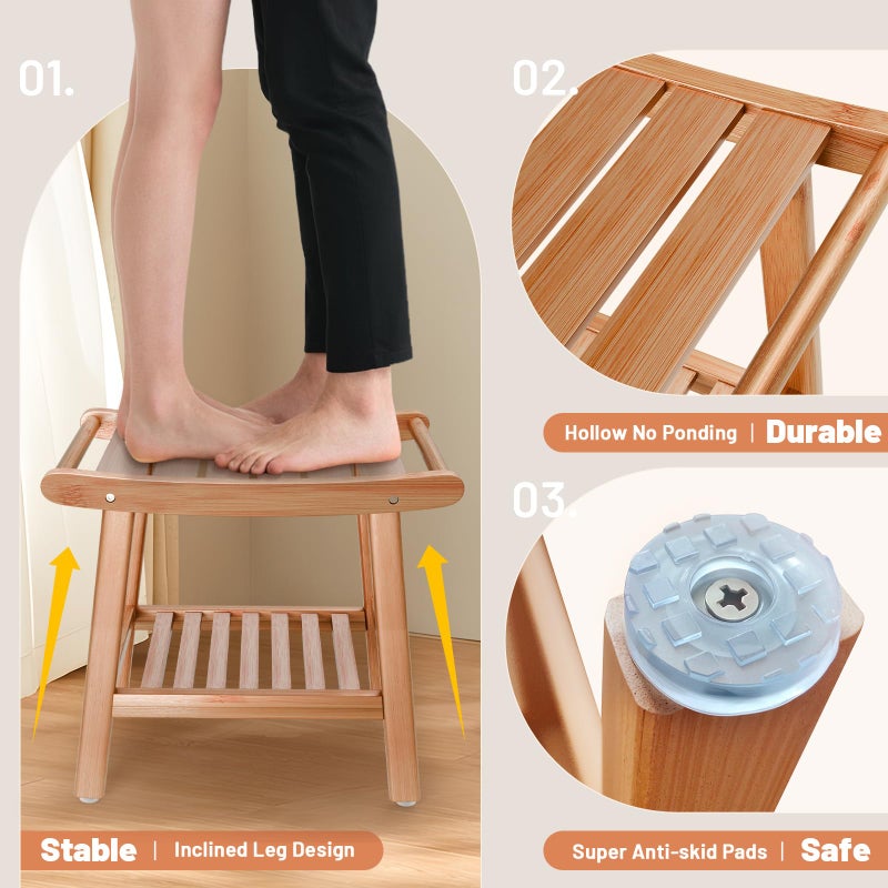 LEJANEOYE Bamboo Shower Bench for Inside Shower to Sit on,Waterproof Shower Stool for Shaving Legs,Spa Bathroom Shower Chair with Storage Shelf, Bathroom Bench Seat for Senior Adult Disabled Elderly - Image 4