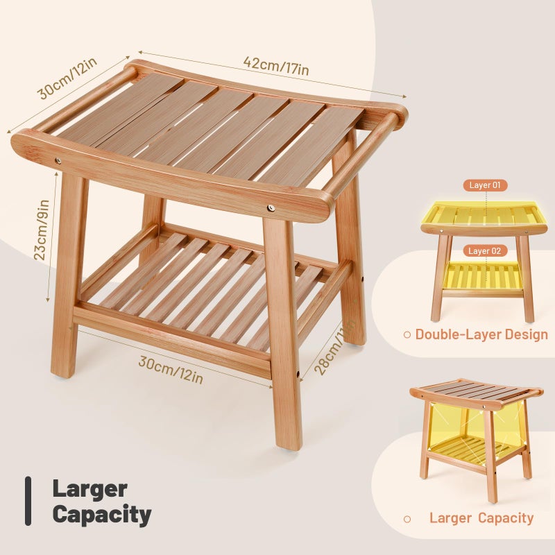 LEJANEOYE Bamboo Shower Bench for Inside Shower to Sit on,Waterproof Shower Stool for Shaving Legs,Spa Bathroom Shower Chair with Storage Shelf, Bathroom Bench Seat for Senior Adult Disabled Elderly - Image 2
