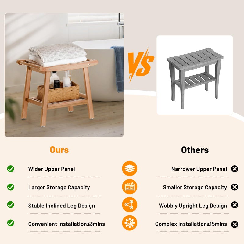 LEJANEOYE Bamboo Shower Bench for Inside Shower to Sit on,Waterproof Shower Stool for Shaving Legs,Spa Bathroom Shower Chair with Storage Shelf, Bathroom Bench Seat for Senior Adult Disabled Elderly - Image 5