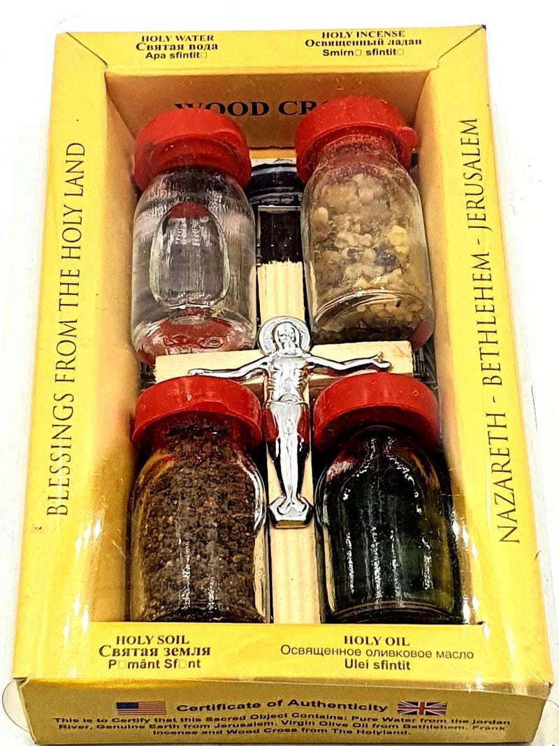 Zuluf Holy Land Set 5 In1 Olive Wood Cross Set with 4 Bottles - Oil, Jordan Water,Holy Land Essences & Holy Earth with Certificate - Image 2