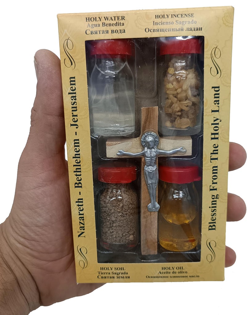 Zuluf Holy Land Set 5 In1 Olive Wood Cross Set with 4 Bottles - Oil, Jordan Water,Holy Land Essences & Holy Earth with Certificate - Image 1