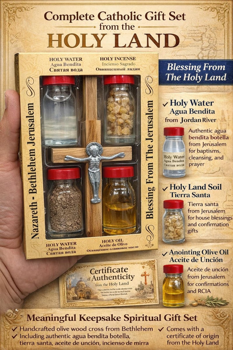 Zuluf Holy Land Set 5 In1 Olive Wood Cross Set with 4 Bottles - Oil, Jordan Water,Holy Land Essences & Holy Earth with Certificate - Image 4