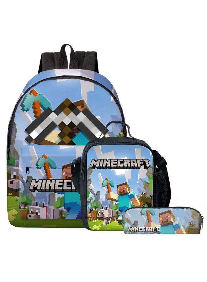 ماين كرافت مجموعة من ثلاث قطع من الحقائب المدرسية ذات السعة الكبيرة للطلاب حول ماين كرافت ، حقائب ظهر عازلة للحرارة في الهواء الطلق ، حقائب غداء ، حقائب أقلام رصاص للأطفال - Image 1