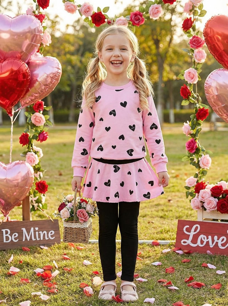 CM-Kid Toddler Girls Valentines Clothes Long Sleeve Winter Spring Outfits Heart Print Pink Sweatshirt Shirt + Skirt Leggings Pants Set Valentines Gifts 3T - Image 2