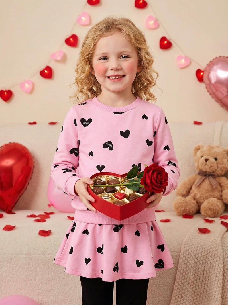 CM-Kid Toddler Girls Valentines Clothes Long Sleeve Winter Spring Outfits Heart Print Pink Sweatshirt Shirt + Skirt Leggings Pants Set Valentines Gifts 3T - Image 3