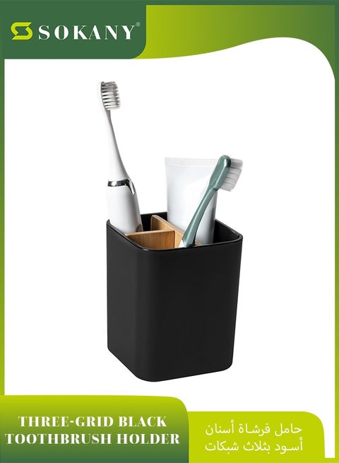 حامل فرشاة اسنان من الخيزران للحمامات، 3 فتحات لفرش الاسنان ومعجون الاسنان، منظم منضدة الحمام لفرش الاسنان الكهربائية وخيط الاسنان وشفرات الحلاقة (اسود)
