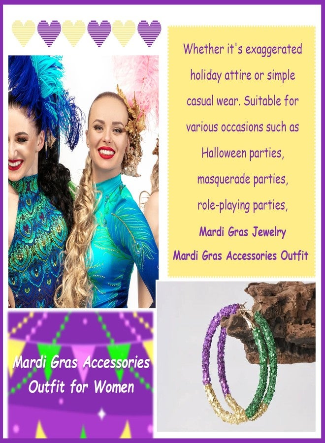 Dcfywl731 Mardi Gras Hoop Earrings - Purple Green Gold Carnival Earrings, Festive Mardi Gras Outfit Accessories for Women, Party Jewelry - Image 2