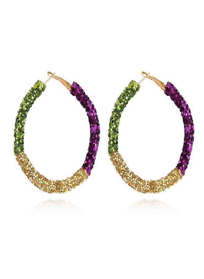 Dcfywl731 Mardi Gras Hoop Earrings - Purple Green Gold Carnival Earrings, Festive Mardi Gras Outfit Accessories for Women, Party Jewelry - Image 1