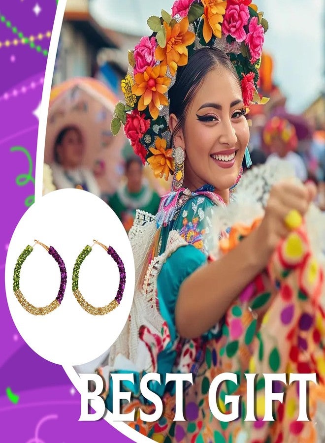 Dcfywl731 Mardi Gras Hoop Earrings - Purple Green Gold Carnival Earrings, Festive Mardi Gras Outfit Accessories for Women, Party Jewelry - Image 4
