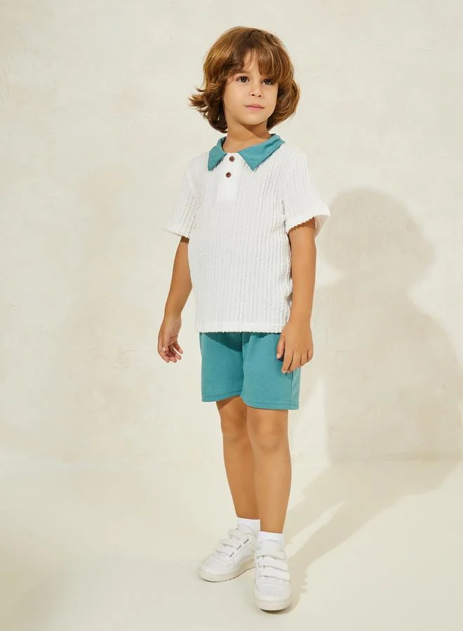 Styli Textured Rib Knit Polo T-Shirt & Shorts Set