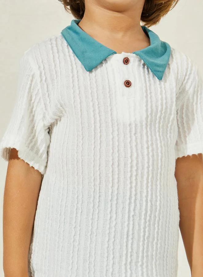 Styli Textured Rib Knit Polo T-Shirt & Shorts Set