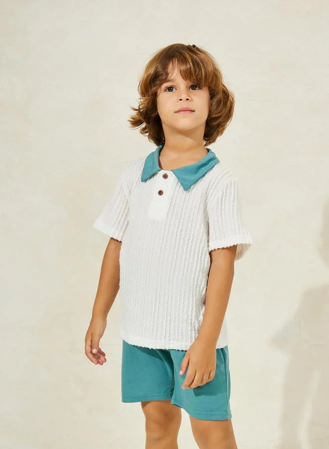 Styli Textured Rib Knit Polo T-Shirt & Shorts Set